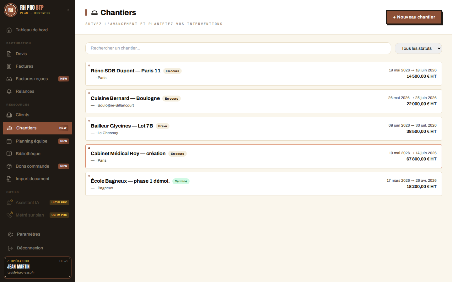 Module chantiers de GESTIGO : planning Gantt, pointage QR code pour les ouvriers et journal photo horodaté